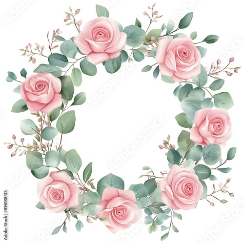Watercolor floral wreath decoration with pink roses and eucalyptus leaves on a white background,