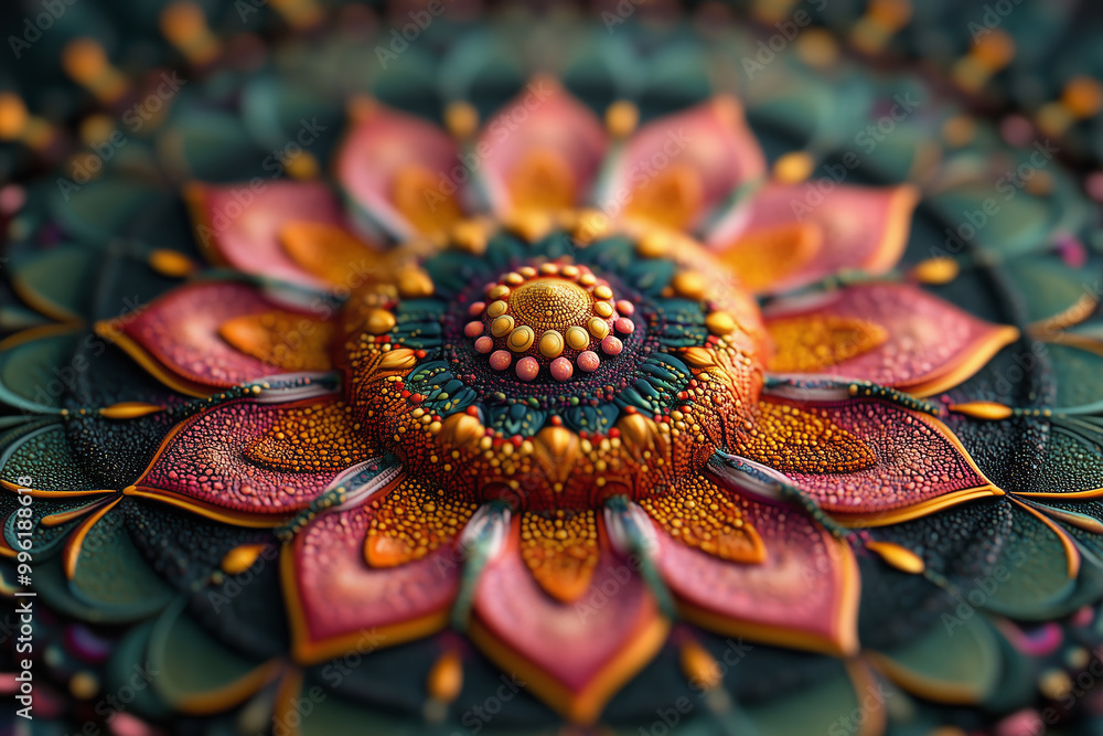 An intricate mandala showcasing vibrant colors and patterns created with meticulous detail, inviting exploration of its harmonious beauty An intricate mandala showcasing vibrant colors and patterns created with meticulous detail, inviting exploration of its harmonious beauty
