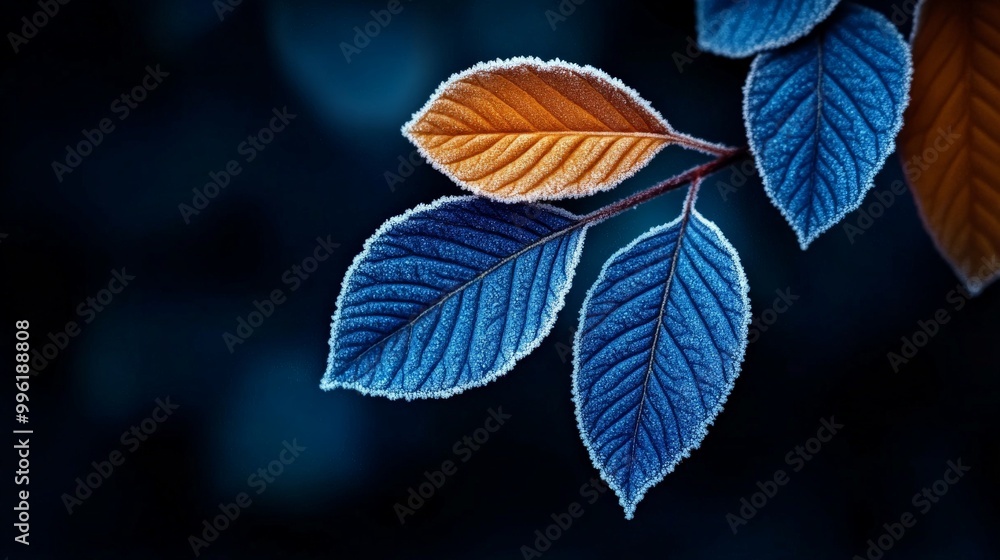 Frozen in Time: A delicate twig adorned with frost-kissed leaves, a symphony of blues and oranges against a dark backdrop. Nature's artistry captured in a moment of serene beauty. Frozen in Time: A delicate twig adorned with frost-kissed leaves, a symphony of blues and oranges against a dark backdrop. Nature's artistry captured in a moment of serene beauty.