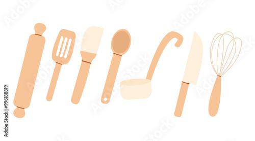 Set of kitchen utensil, tools. Cooking concept. Illustration of wooden kitchenware. Rolling pin, knife, whisk, spatula, ladle. Flat style, vector icons.