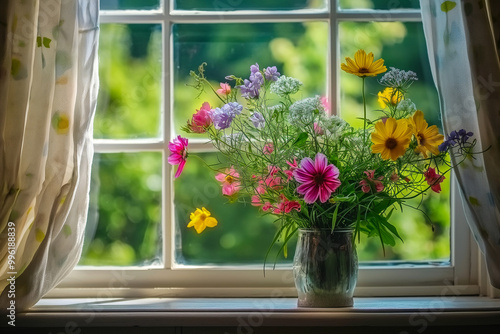 A vase of flowers sits on a windowsill, with the sun shining through the window