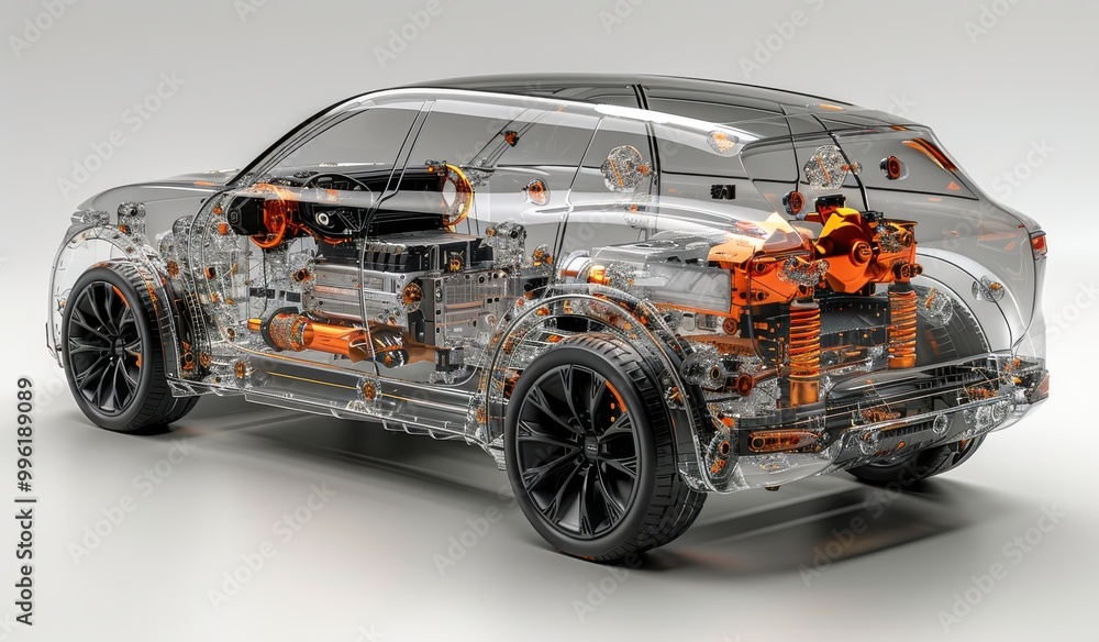 Transparent electric car showcasing internal components and charging system Transparent electric car showcasing internal components and charging system
