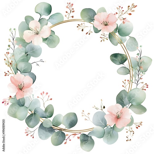 Watercolor floral wreath with pastel green and pink flowers, eucalyptus leaves, and a gold ring on a white background. 