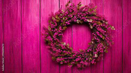 Christmas wreath hanging on a fuchsia wooden wall