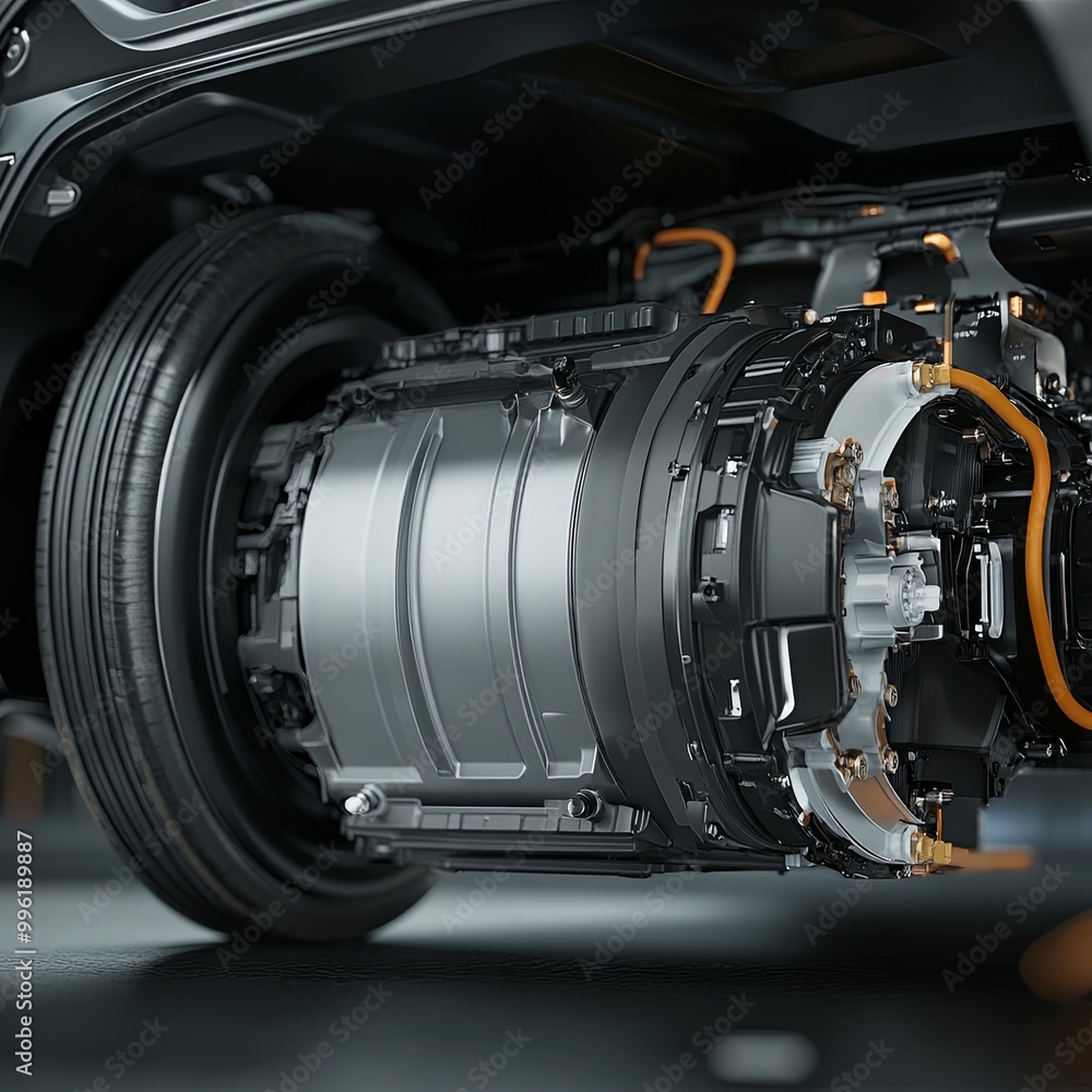 Highly detailed view of an electric car engine is internal components, including the battery pack, inverter, and electric motor with cyan highlights and reflections Highly detailed view of an electric car engine is internal components, including the battery pack, inverter, and electric motor with cyan highlights and reflections
