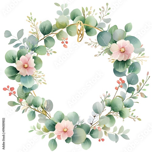 Watercolor floral wreath with pastel green and pink flowers, eucalyptus leaves, and a gold ring on a white background. 