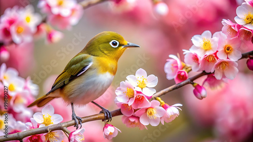 Japanese white-eye bird perched on a blooming plum blossom tree in the spring , Japan, white-eye, bird, plum blossom, tree photo