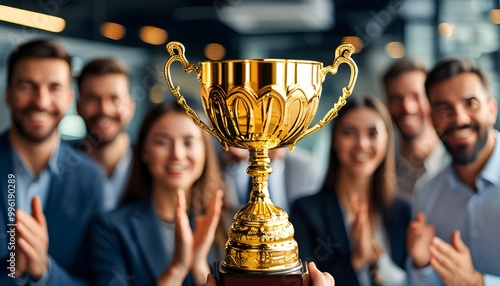 Celebration of Success: Victorious Business Team Holding Gold Trophy in Office, Colleagues Cheering in Supportive Atmosphere