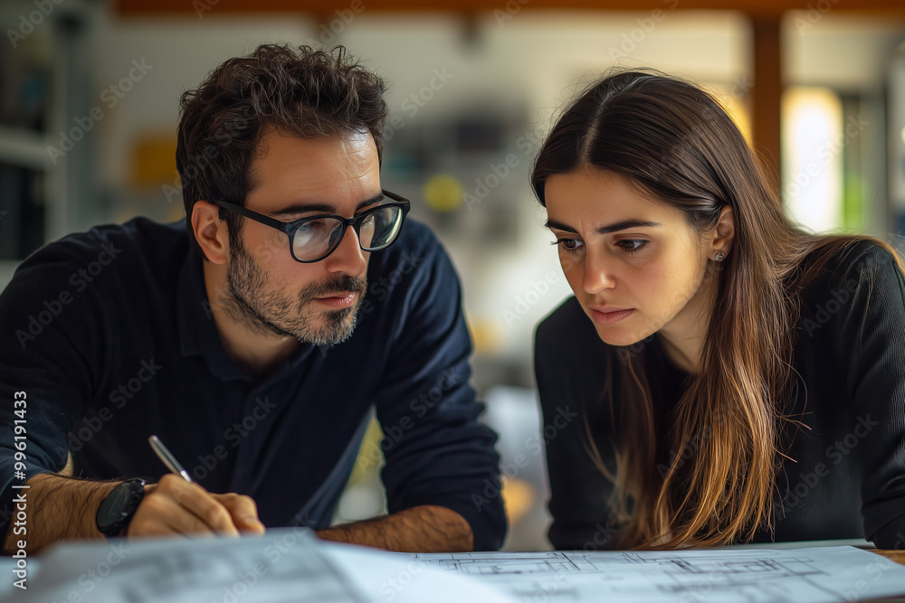 Dynamic duo of architects collaborating on innovative designs in an inspired office environment Dynamic duo of architects collaborating on innovative designs in an inspired office environment