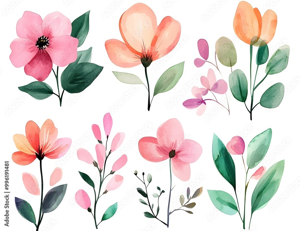 Watercolor flower clipart collection, simple flat design, white background, pastel colors, watercolor Watercolor flower clipart collection, simple flat design, white background, pastel colors, watercolor