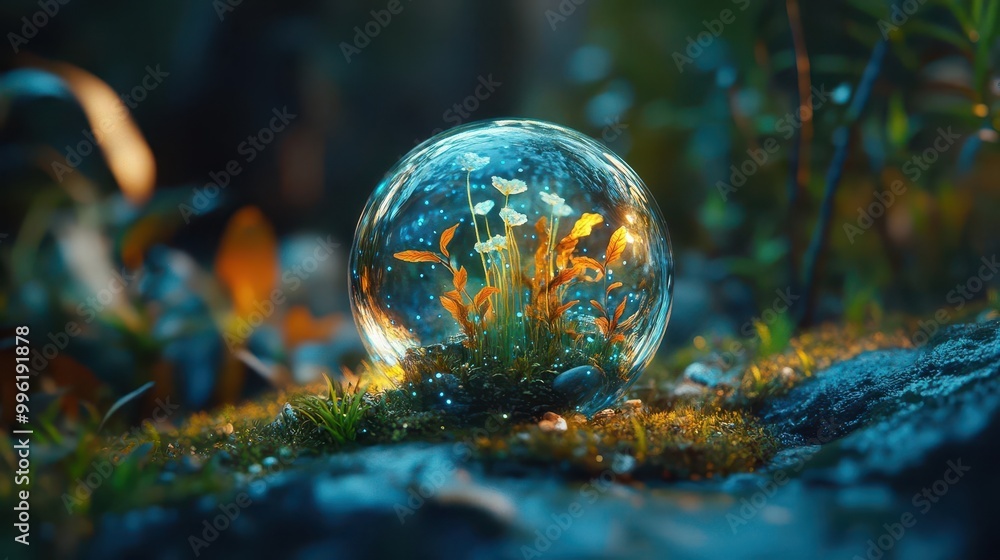 miniature ecosystem thriving within ethereal glass sphere bioluminescent details cosmic background environmental symbolism miniature ecosystem thriving within ethereal glass sphere bioluminescent details cosmic background environmental symbolism