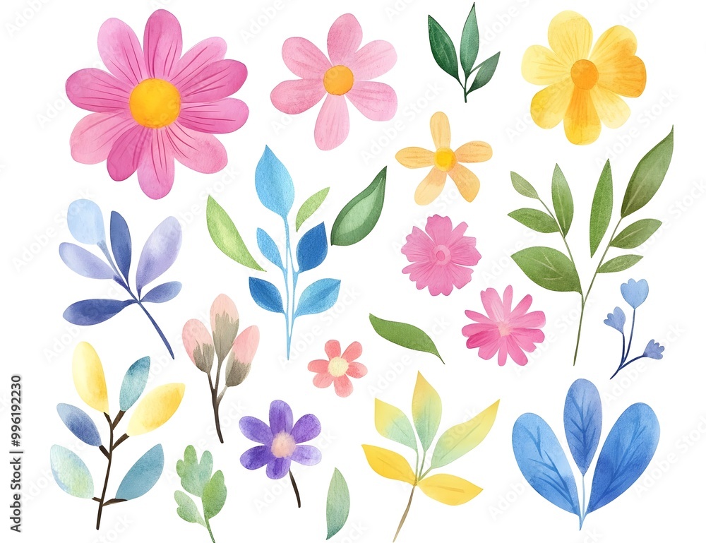 Watercolor flower clipart collection, simple flat design, white background, pastel colors, watercolor Watercolor flower clipart collection, simple flat design, white background, pastel colors, watercolor