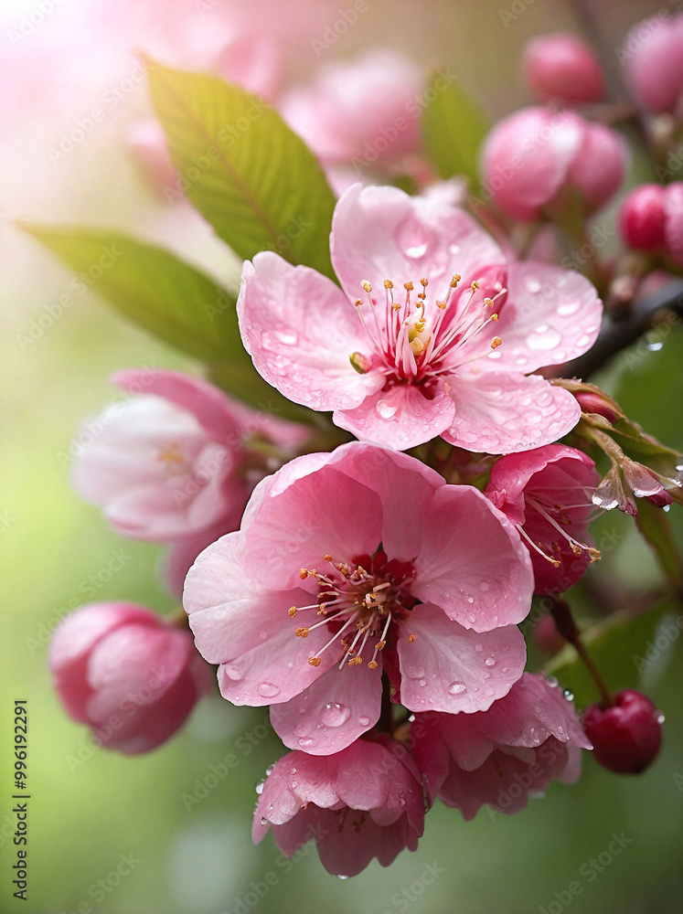 Obraz premium Pink Cherry Flowers with Morning Dew in a Garden