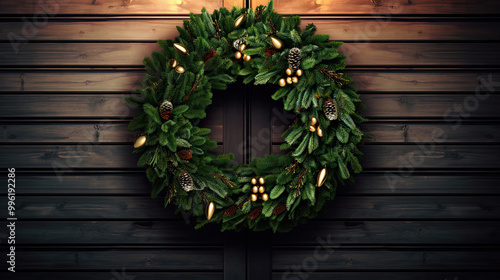 Christmas wreath hanging on a dark green wooden wall