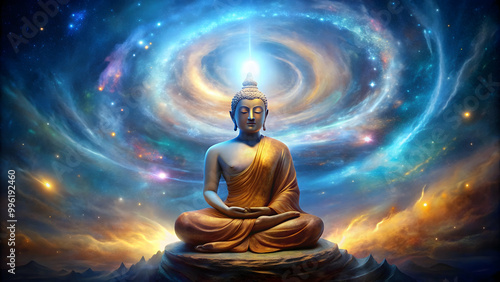 Buddha Universe meditation in a cosmic setting with swirling galaxies and peaceful energy, Buddhism, meditation