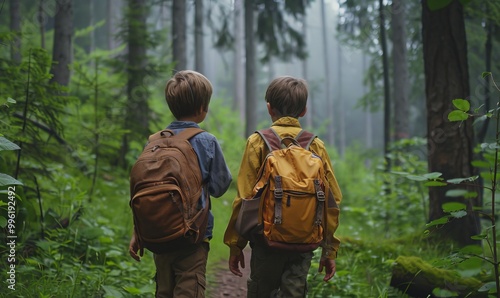 two boys hiking in the forest, Generative AI