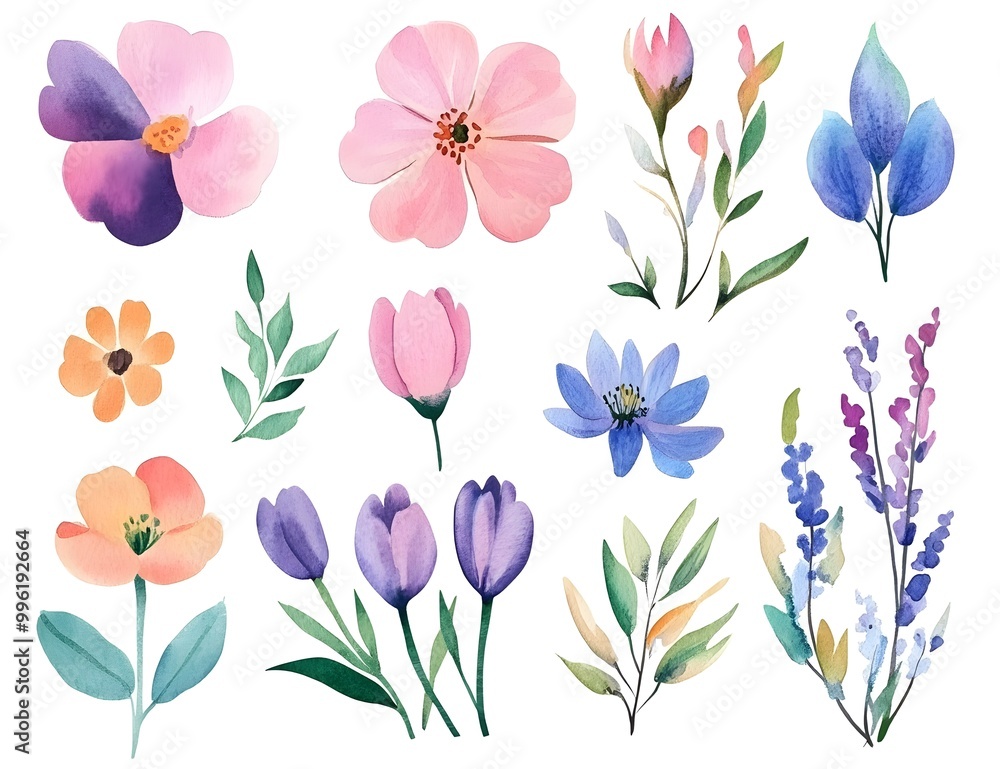 Watercolor flower clipart collection, simple flat design, white background, pastel colors, watercolor Watercolor flower clipart collection, simple flat design, white background, pastel colors, watercolor