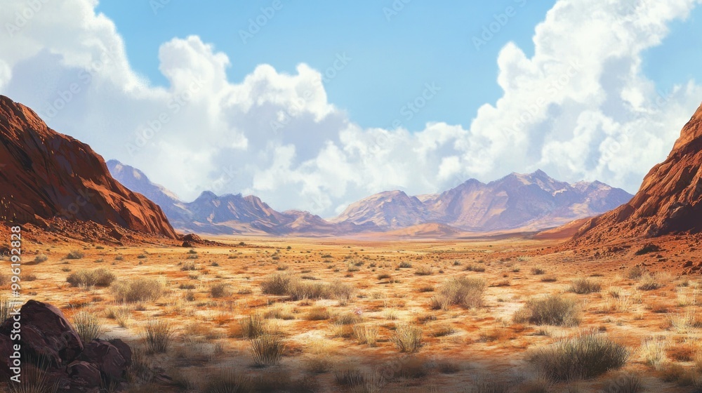 Naklejka premium Arid Desert Landscape with Mountain Range and Sparse Vegetation