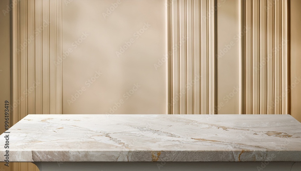 Beige tabletop on classic wall panels background. Empty concrete countertop for cosmetics, drinks and food presentation. Clean marble desk for advertising design. white wooden window with curtains Beige tabletop on classic wall panels background. Empty concrete countertop for cosmetics, drinks and food presentation. Clean marble desk for advertising design. white wooden window with curtains