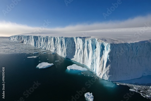 A towering ice cliff of a majestic blue glacier under a clear blue sky overlooking a dark body of water with floating ice formations, showcasing nature's raw beauty.