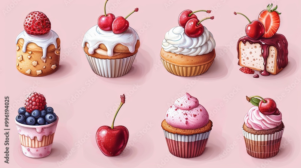 cute dessert set. Stylized cakes, ice cream and cherry isolated on light pink background. Vector fruit and bakery illustration. Dessert illustrated card in hand-drawn style cute dessert set. Stylized cakes, ice cream and cherry isolated on light pink background. Vector fruit and bakery illustration. Dessert illustrated card in hand-drawn style