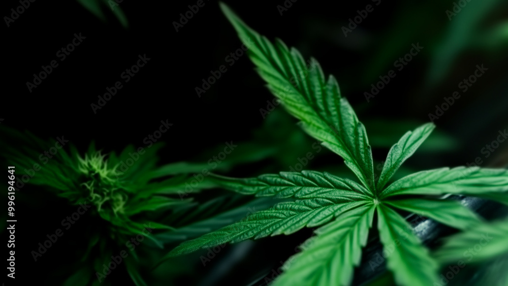 Close-up of marijuana leaves with dark background highlighting texture detail Close-up of marijuana leaves with dark background highlighting texture detail