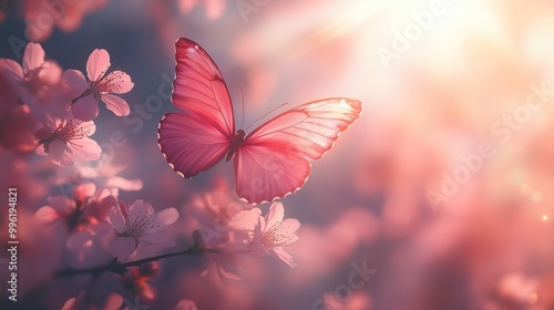 A pink butterfly with translucent wings flies near pink cherry blossoms on a sunny day.