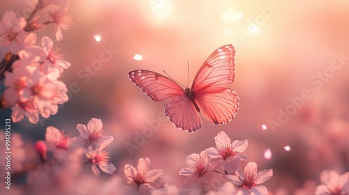 A delicate pink butterfly flies through the air, surrounded by a field of pink cherry blossoms in bloom. The sun sets behind the flowers, casting a warm glow over the scene.