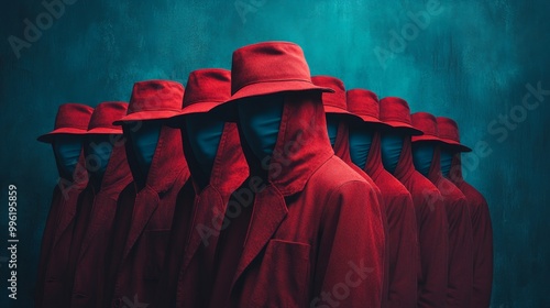 A group of people wearing red hats and coats stand in a line photo