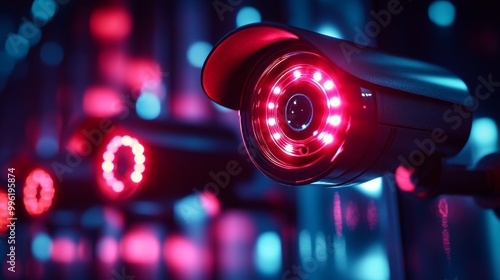 A series of security cameras with red lights are lit up in a dark room