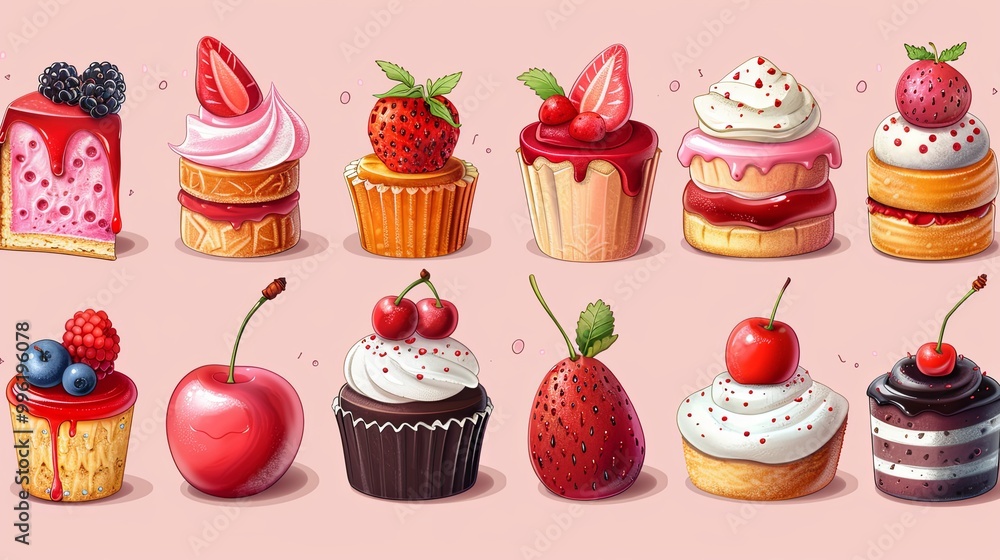 cute dessert set. Stylized cakes, ice cream and cherry isolated on light pink background. Vector fruit and bakery illustration. Dessert illustrated card in hand-drawn style cute dessert set. Stylized cakes, ice cream and cherry isolated on light pink background. Vector fruit and bakery illustration. Dessert illustrated card in hand-drawn style