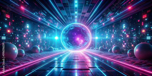 Futuristic space particles in pink and blue colors with neon vj background, sci-fi tunnel, and space sphere vfx design element, futuristic
