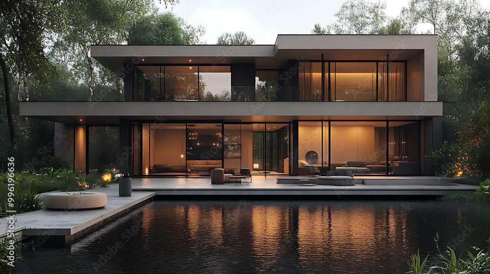 Luxurious modern home with open floor plan and soft lighting Luxurious modern home with open floor plan and soft lighting