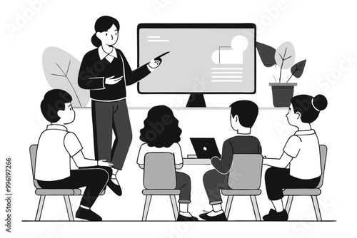 A realistic  students sitting in a virtual classroom, with a teacher explaining a lesson F.eps