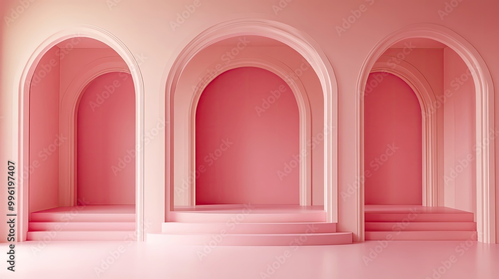 A modern pink interior featuring archways and steps, perfect for showcasing products or creating a minimalist aesthetic. A modern pink interior featuring archways and steps, perfect for showcasing products or creating a minimalist aesthetic.
