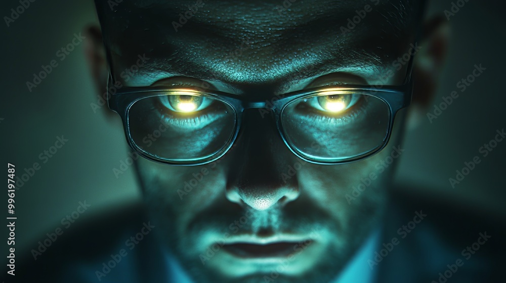 A man with glasses is staring at the camera with his eyes open A man with glasses is staring at the camera with his eyes open