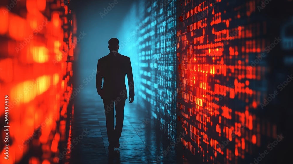 A man walks through a tunnel with red and blue walls A man walks through a tunnel with red and blue walls