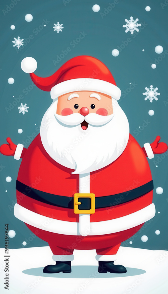 A cheerful Santa Claus stands against a snowy landscape A cheerful Santa Claus stands against a snowy landscape