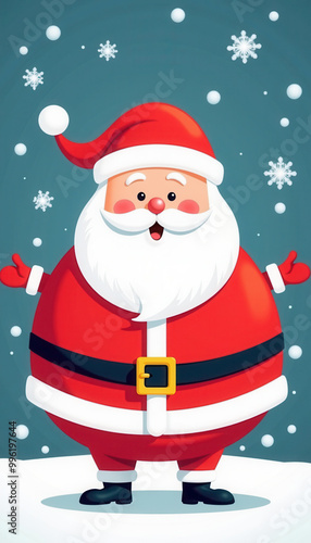 A cheerful Santa Claus stands against a snowy landscape