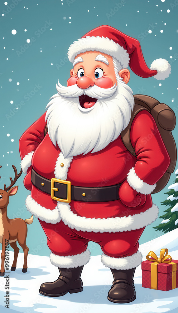 A cheerful Santa Claus stands against a snowy landscape A cheerful Santa Claus stands against a snowy landscape