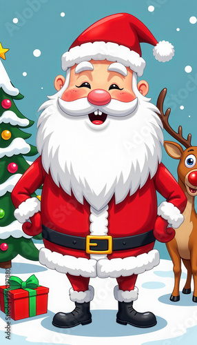 A cheerful Santa Claus stands against a snowy landscape