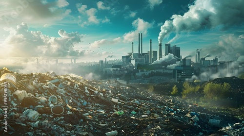 Futuristic Cityscape with Waste to Energy Plants Integrated into Urban Landscape