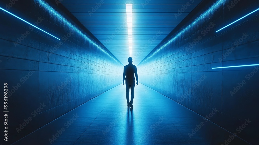 A man walks down a long, dark tunnel with blue walls A man walks down a long, dark tunnel with blue walls