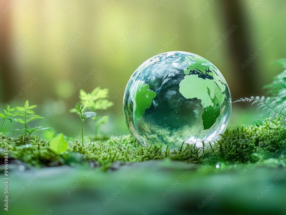 A glass globe representing Earth surrounded by lush greenery and vibrant plants in a serene natural setting. A glass globe representing Earth surrounded by lush greenery and vibrant plants in a serene natural setting.