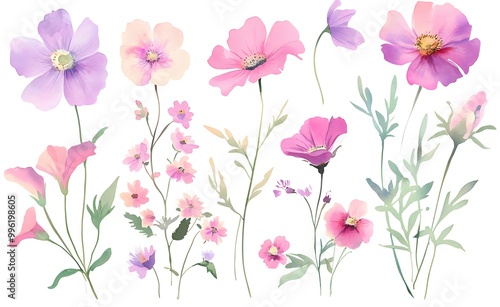 Fototapeta Naklejka Na Ścianę i Meble -  Watercolor pastel pink and purple wildflowers clipart, on a white background, with flowers in various poses and green leaves