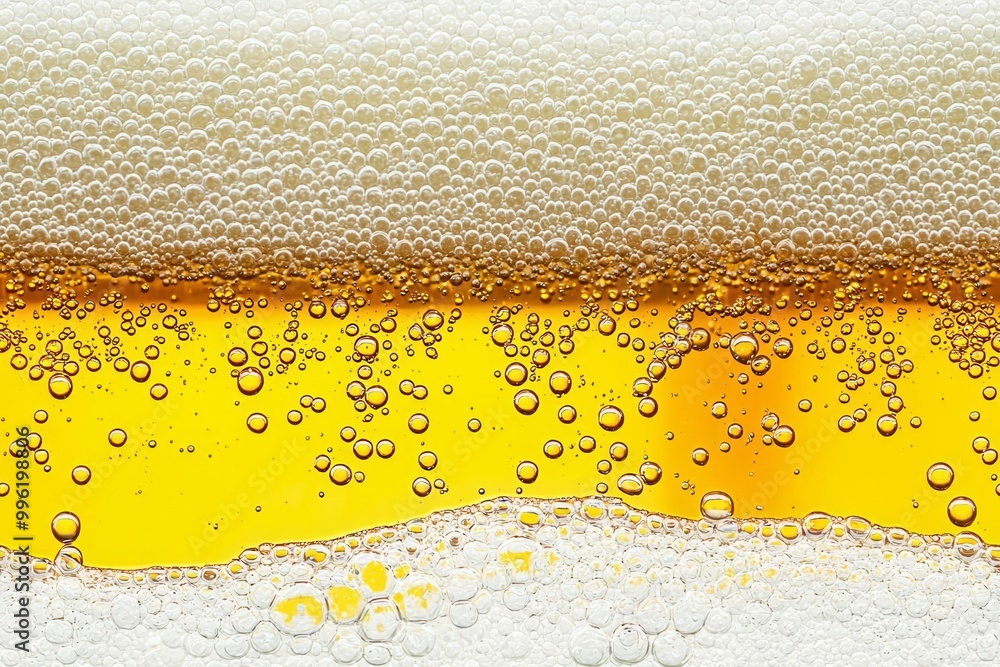 Seamless Pouring beer with bubble froth in glass for background on front view wave curve shape , isolated on white background, , copy space for text,