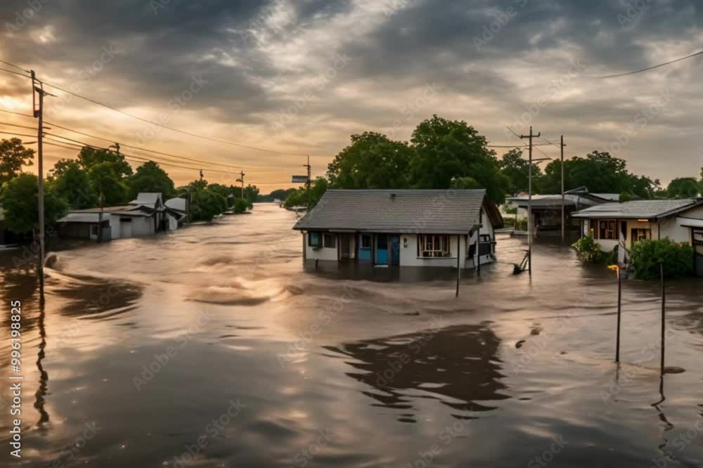 Floodwaters fill the Village, trees half-submerged, debris floating along roads Floodwaters fill the Village, trees half-submerged, debris floating along roads