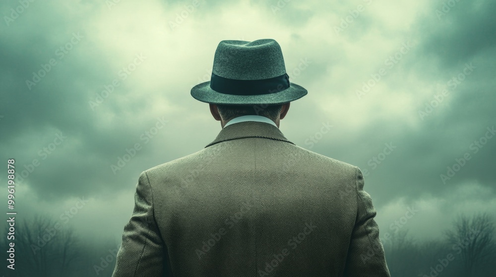 A man wearing a hat and a suit is standing in front of a cloudy sky A man wearing a hat and a suit is standing in front of a cloudy sky