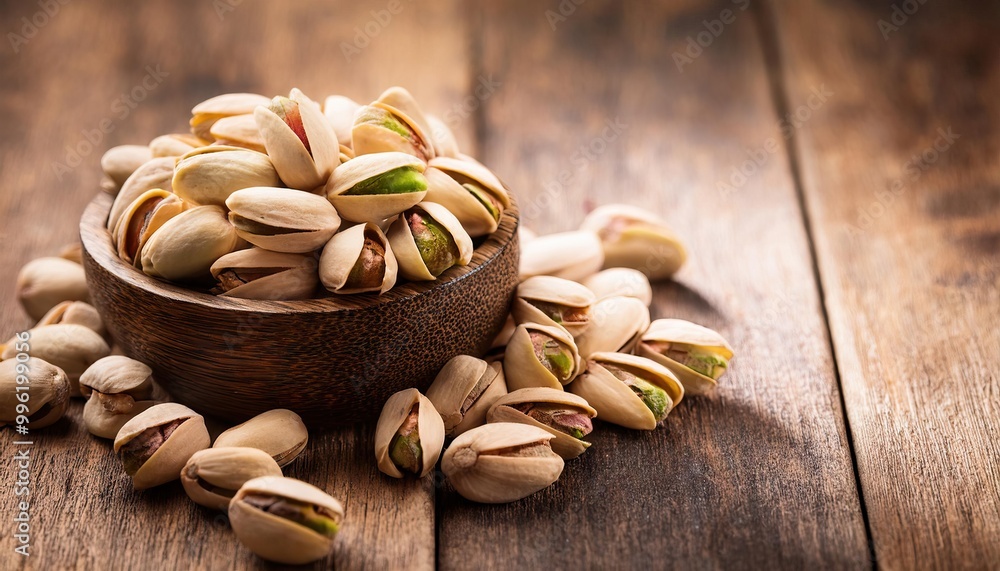 Fresh salted pistachios on rustic wooden background Fresh salted pistachios on rustic wooden background