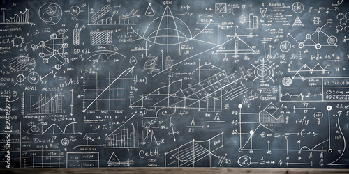 Quantum physics formulas and operations written in white chalk on a blackboard, quantum physics